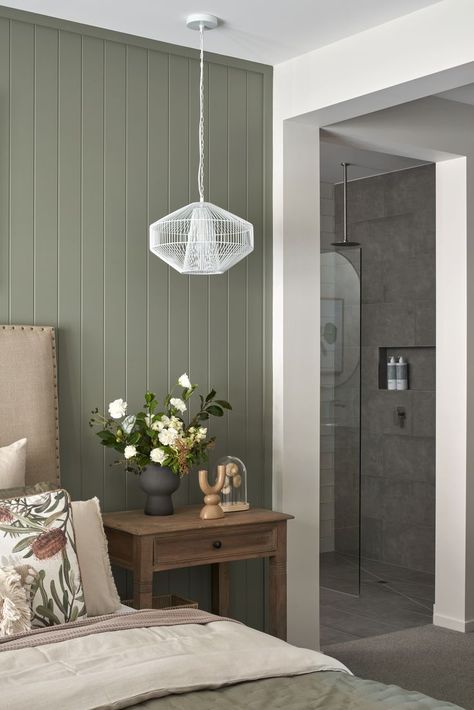 Timber Panelling Bedroom, Sage Green Panelled Bedroom, Timber Feature Wall Bedroom, Sage Green Vj Panelling, Green Vj Panelling Bedroom, Timber Feature Wall Living, Green Vj Panelling, Green And Grey Panelling Bedroom, Green Wall Paneling