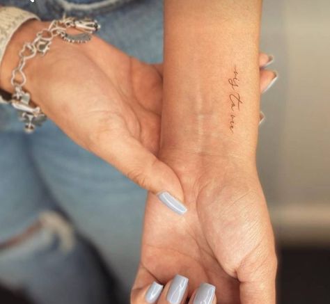 Live And Love Tattoo, Wrist Tattoo Placement Writing, Small Tattoo Placement Wrist, Small Tattoos Side Of Wrist, Tatoos Write, Writing Wrist Tattoos For Women, Dainty Tattoo Lettering, Tiny Lettering Tattoo, Tiny Coordinates Tattoo