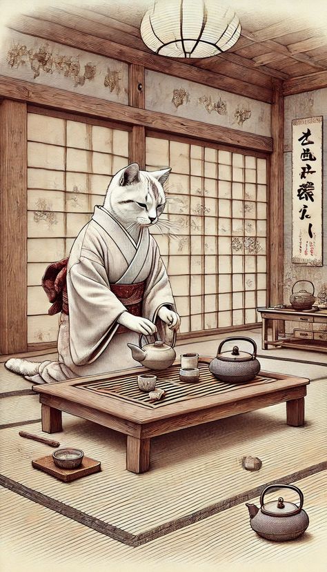 A detailed illustration of a cat preparing tea in the traditional Japanese style. The cat is dressed in a simple kimono and is seated on a tatami mat, carefully preparing tea with a traditional tea set. The background includes elements typical of a Japanese tea room, such as shoji screens, hanging scrolls with calligraphy, and a low wooden table with tea utensils, creating a serene and peaceful atmosphere. Traditional Japanese Tea House, Simple Kimono, Serene Background, Tea Utensils, Shoji Screens, Tea Houses, Japanese Tea House, Japanese Table, Shoji Screen