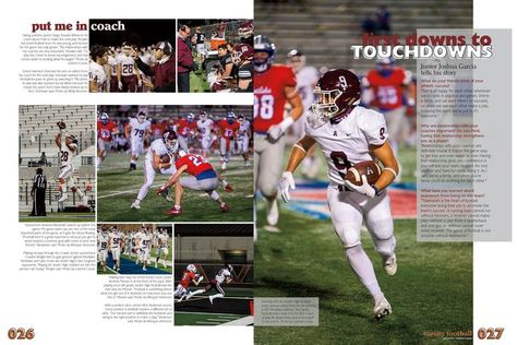 Sports Yearbook Pages, Football Yearbook Pages, Cheer Yearbook Spread, Sports Yearbook Spreads, Football Yearbook Spread, Yearbook Design Layout Creative, Yearbook Spread Ideas, Sports Yearbook, Football Layout