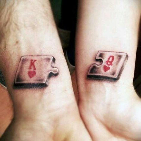 Puzzle Tattoo, King Queen Tattoo, Marriage Tattoos, Queen Of Hearts Tattoo, Him And Her Tattoos, Puzzle Piece Tattoo, Puzzle Tattoos, Tatuagem Masculina Pequena, Cute Couple Tattoos