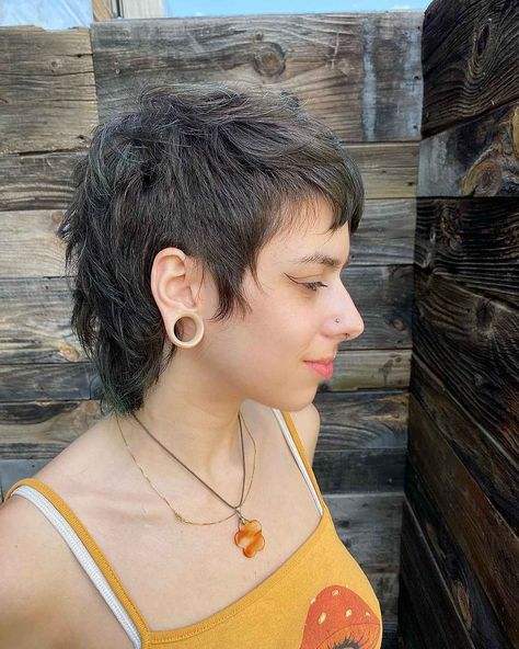 Lady Mullet Short, Straight Pixie Mullet, Very Short Mullet Hairstyle Women, Feminine Mullet Shaved Sides, Womans Mullets Short, Shag Mullet Round Face, Women’s Mullets, Pixie Shag Mullet, Women’s Short Mullet