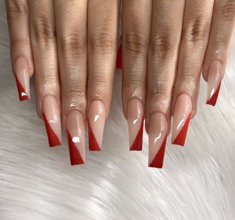 Red V French Tip Nails, V Shape Nails, Queen Nails Designs, Burgundy Acrylic Nails, Red Acrylic Nails, Glamour Nails, Cute Acrylic Nail Designs, Simple Acrylic Nails, Long Acrylic Nails Coffin