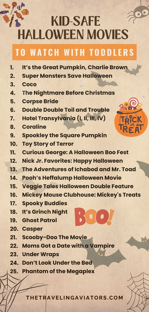 Looking for the ultimate guide to 31 days of Halloween movies for your family? Discover the best Halloween movies to watch with toddlers for your next movie night. Whether you're hosting a Halloween movie night party for kids or seeking fun Halloween movies for kids and families, we’ve got you covered. This list includes the best family-friendly Halloween movies and a best Halloween movies not scary list to keep everyone entertained and spook-free! Toddler Movies, Movie Night Not So Scary Ideas Fun Halloween Movies, Non Scary Halloween Movies, Top Halloween Movies, Family Friendly Halloween Movies, Spooky Buddies, Classic Halloween Movies, Halloween Movies To Watch, Halloween Movies List, Movies For Kids