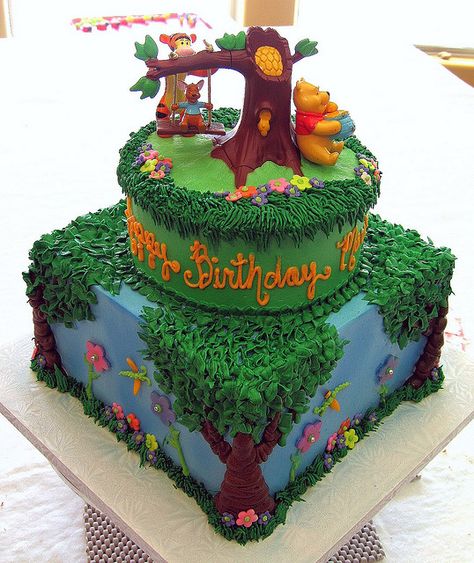 Winnie the Pooh Birthday by Graceful Cake Creations, via Flickr Winnie The Pooh Birthday Cake, Pooh Birthday Cake, Forest Cakes, Lightning Mcqueen Birthday Cake, Doraemon Cake, Pooh Cake, Lego Birthday Cake, Boys Cake, Winnie The Pooh Cake