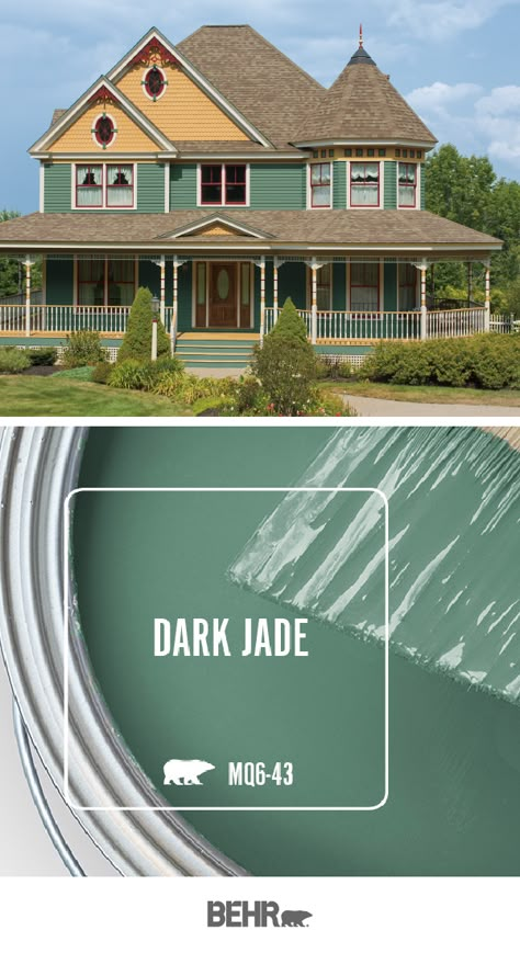 Victorian architecture, craftsman details, and a bright color palette give this home a timeless, Painted Lady style. And it all starts with a new coat of Behr Paint in Dark Jade. Check out the color details to see how you can incorporate this green into your home. Click below to learn more. Jade Green Paint, Dark Green Front Door, Jade Paint, Acreage Living, Accent Paint, Victorian Front Doors, House Renos, Bright Color Palette, Interior Paint Colors Schemes