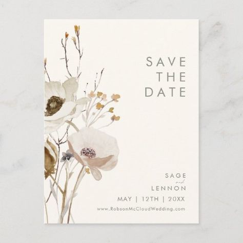 Sage Green Save The Date, Wildflower Save The Date, White And Gold Flowers, Green Save The Date, Elegant Boho Wedding, Fall Floral Wedding, Rustic Wedding Save The Dates, Watercolor Wildflowers, Wedding Postcard