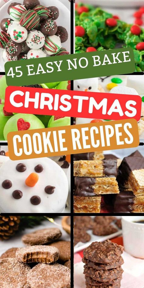 Spread the holiday cheer by making these no-bake Christmas cookies for your loved ones. Here are the 45 best and delicious no-bake Christmas cookie recipes. Serve these cookies at your Christmas table and celebrate a fantastic holiday season. #christmasonadime #nobakechristmascookiesrecipes #nobakecookies Christmas Cookies Not Chocolate, Fudge No Bake Cookies, Cookies To Mail Care Packages, Christmas Cookies Nut Free, No Bake Christmas Cookie Cheesecake, Non Bake Christmas Cookies, Easy Bake Christmas Cookies, Christmas Bake Day Ideas, No Bake Xmas Cookies