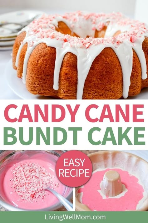 Ribbon Cake Recipe, Peppermint Cake Recipe, Christmas Bundt Cake, Pumpkin Buttercream, Homemade Christmas Cake, Easy Bundt Cake Recipes, Candy Cane Recipe, Peppermint Dessert, Bundt Pan Recipes