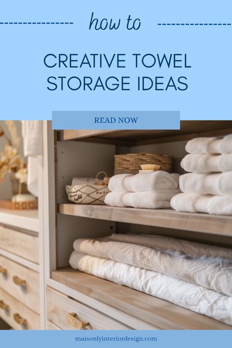 A visually engaging pin showcasing innovative towel storage solutions for homes without linen closets. Explore creative options such as decorative baskets and ladder racks for stylish organization. Towel Storage Bedroom, Bathroom Towel Storage Closet, How To Store Washcloths, Bathroom Open Storage Shelves, Towel Cabinet Organization, Bath Towels Storage Ideas, How To Store Towels With No Linen Closet, Bathroom Towel Organization, Bathroom Storage Towels