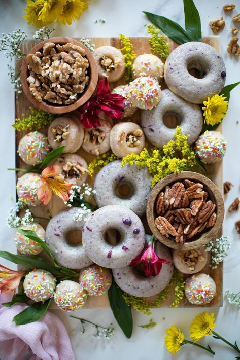 Summer Vegan Donut Board | Orchids + Sweet Tea Donut Board, Donut Baking Pan, Glazed Walnuts, Cheesecake Oreo, Homemade Strawberry Sauce, Easy Gluten Free Desserts, Homemade Snickers, Vegan Donuts, Joy Filled Eats