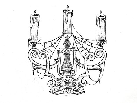 Black Chandelier Tattoo, Candelabra Tattoo Design, Chandelier Style Tattoo, Gothic Candle Drawing, Candlestick Tattoo, Skull Chandelier Tattoo, Chandelier Tattoo, Stick Tattoo, Illustration Courses