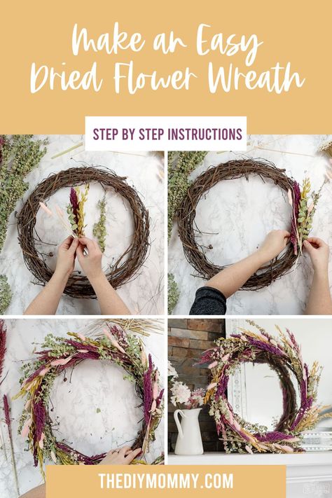 How To Make A Dry Flower Wreath, Faux Flower Wreath Diy, Dry Flower Wreath Diy, Dried Floral Wreaths How To Make, Dried Flower Wreaths How To Make, Making Dried Flower Wreath, Grapevine Wreath With Dried Flowers, Dried Flower Grapevine Wreath, Spring Wreath Dried Flowers