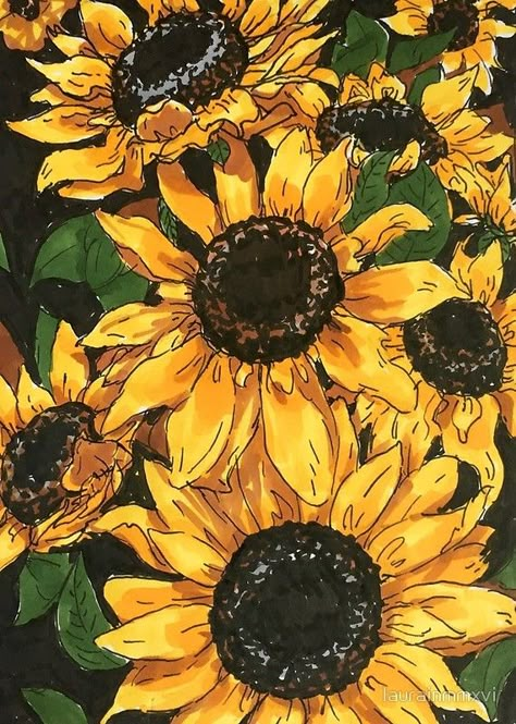 Sunflowers by laurainmmxvi Leaves Aesthetic, Sunflowers Art, Sunflower Illustration, Sunflower Art Print, Sunflower Drawing, Sunflower Wallpaper, Sunflower Art, 수채화 그림, Sunflower Painting