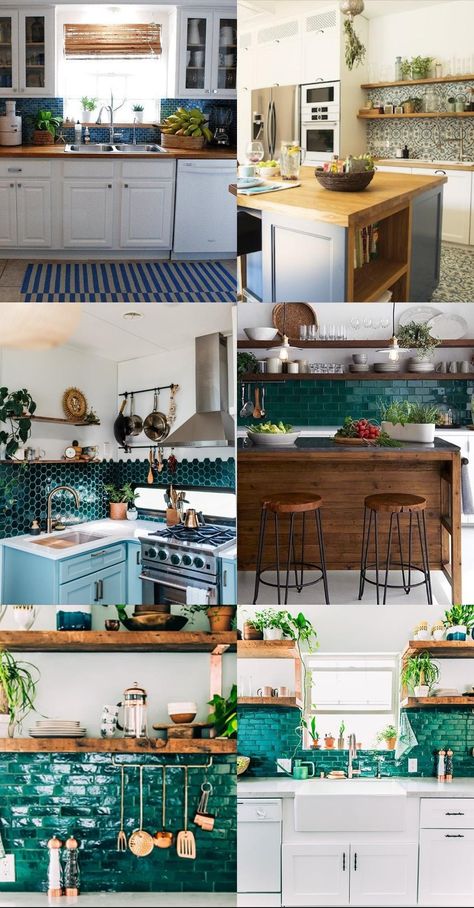 Teal White And Wood Kitchen, Deep Teal Backsplash, White Kitchen Cabinets Teal Backsplash, Teal And Brown Kitchen, Teal And Wood Kitchen, Teal Countertops, Teal Kitchen Backsplash, Teal Backsplash Kitchen, Teal Farmhouse Kitchen