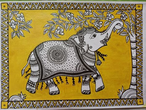 Indian Kalamkari Patterns, Madhubani Art Elephant Design, Kalamkari Elephant Painting, Kalamkari Elephant Designs, Elephant Kalamkari Design, Kalamkari Drawing Design, Easy Kalamkari Art, Elephant Madhubani Art, Pattachitra Elephant