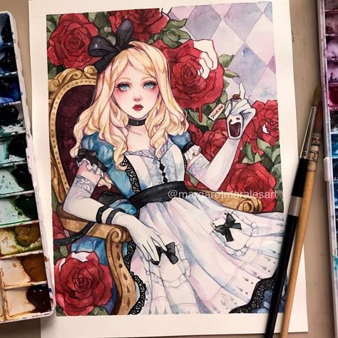 Margaret Morales, Watercolor Portrait Tutorial, Watercolor Negative Painting, Anime Watercolor, Manga Watercolor, Alice In The Wonderland, Portrait Tutorial, Alice Wonderland, Victorian Art