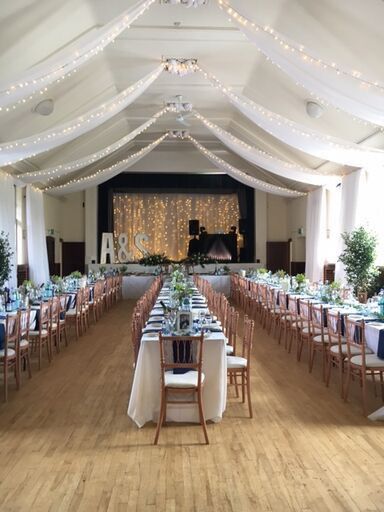 Wedding Reception Hall, Community Hall, Village Hall Wedding, Hall Decoration, Wedding Hall Decorations, Wedding Venues Indoor, Hall Lighting, Personalized Wedding Decor, Community Halls