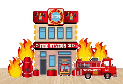 Let's get this party started with this personalized, super adorable, oversized Fire Station themed design.  Dimensions: Fire Station: 4ft wide x 6ft tall  Firetruck: 4ft wide Flames: 2ft tall  Fire hydrant: 2ft tall Designs are: 1) Shipped to you as pre-cut, ready to party designs  2) Printed on 4mm coroplast 3) Made for indoor use with easel stands (not included)  4) Printed on one side 5) Sticks to any wall with double stick tape 6) Printed at the time of purchase, so sorry, no refunds Firefighter Party Food, Firefighter Baby Showers, Fireman Party, Firefighter Party, Firefighter Baby, Indoor Party, Boys Birthday Party, Party Food Labels, Dramatic Play Preschool