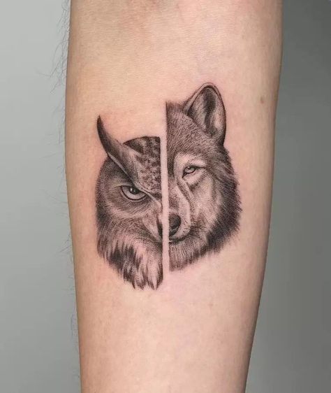 Owl Spirit Animal Tattoo, Cool Owl Tattoos, Owl Tattoo Designs Men, Men’s Animal Tattoo Ideas, Wolf And Owl Tattoo Design, Owl Tatoos Men, Tattoo Owl Men, Animals Tattoo For Men, Owl Tattoos Men