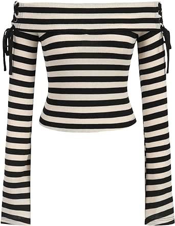 Verdusa Women's Lace Up Side Striped T Shirt Off Shoulder Long Sleeve Tee Top Off Shoulder Shirts, Long Sleeve Striped Top, Side Stripe, Women Lace, Shoulder Sleeve, Top Tee, Shoulder Top, Off The Shoulder, Off Shoulder