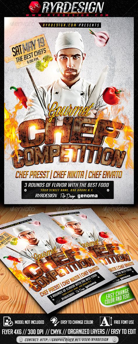 Chef Food Contest Flyer PSD. Print-templates Flyers Events. For better visibility best, bleed, chef, cmyk, competition, contest, customizable, event, food, food contest, food dishes, gourmet, kitchen, latino, layered, meat, poster, print ready, psd, specials, tabloid, template, vegetable, vegetables, and wood. Food Competition Poster, Cooking Competition Flyer, Cooking Competition Poster, Meat Poster Design, Meat Poster, Meat Design, Advertising Layout, Chef Poster, Poster Design Competition