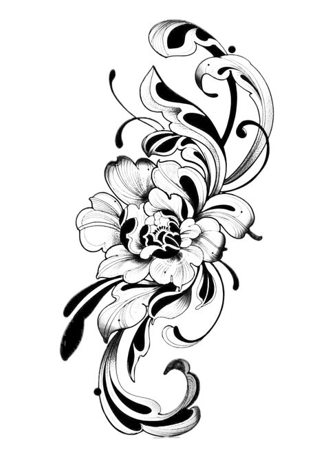 Linework Flower Tattoo Sleeve, Japan Tattoo Flower, Shoulder Tattoos Stencil, Smokey Flower Tattoo, Outer Thigh Tattoos Women, Upper Thigh Hip Tattoo, Foot Tattoo Stencil, Feminine Shoulder Tattoos For Women, Symmetrical Flower Tattoo