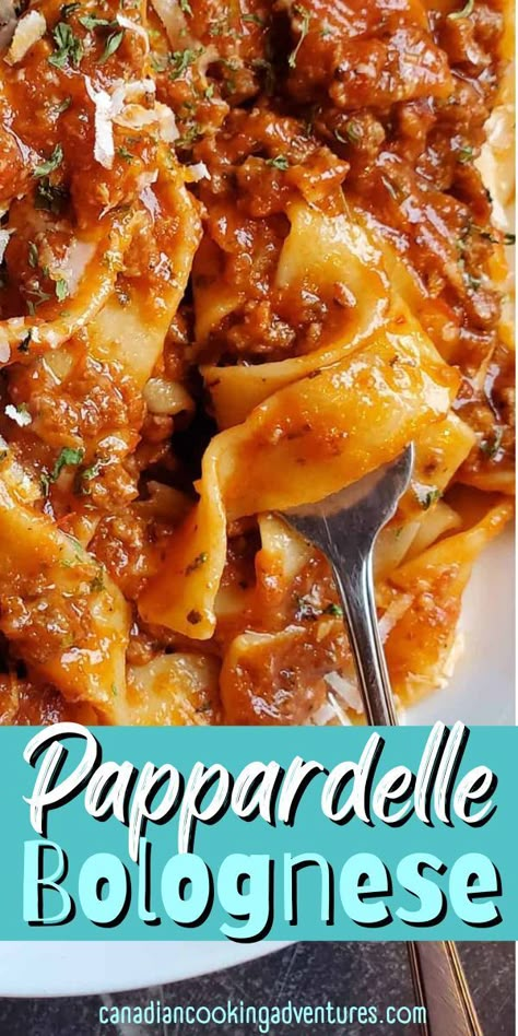 This Pappardelle Bolognese is easy to make and inexpensive yet indulgent enough to serve a dinner date. Go ahead and indulge in this delicious homemade Pappardelle Bolognese. Giant Filled Pappardelle, Recipes With Parpadelle Pasta, Fresh Pappardelle Recipe, Homemade Pasta Dishes Dinners, Pappardelle Bolognese Recipe, Pappardelle Recipes Sausage, Recipes With Tagliatelle, Easy Pappardelle Recipes, Papperadelle Pasta Recipes