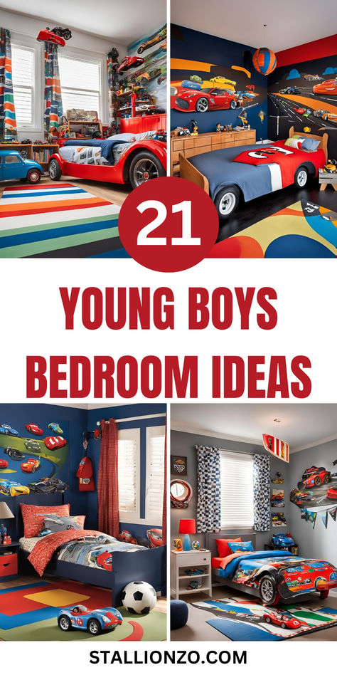 A bedroom showcasing a car-themed bed, shelves with toy cars, and walls decorated with racetrack and car graphics. Hotwheel Bedroom Ideas, Race Car Bedroom Decor, Boys Vehicle Bedroom Ideas, Cars Toddler Bedroom, Hotwheels Bedroom Ideas For Boys, Race Car Bedroom Ideas For Boys, Toddler Boy Car Theme Bedroom, Boys Cars Bedroom, Hotwheels Bedroom Ideas