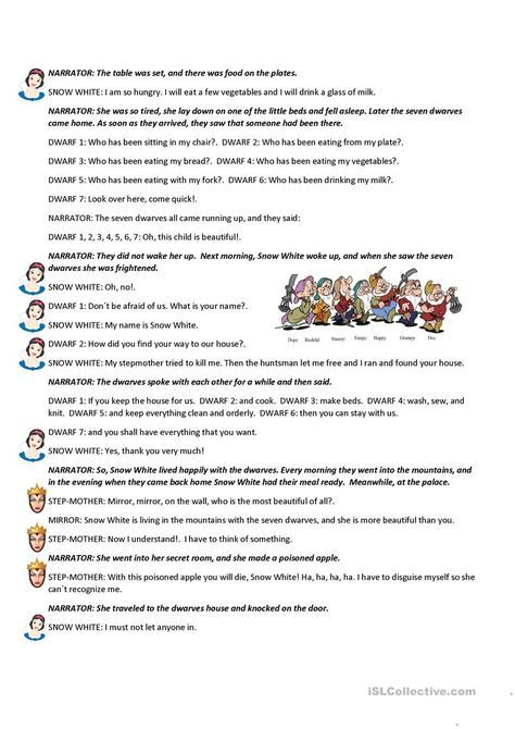 Snow White Short Play - English ESL Worksheets for distance learning and physical classrooms Tagalog Short Story For Grade 1, Snow White Short Story, Snow White Story, Role Play Scripts, Snow White Retelling, Snow White Story Book, Snow White Book, Story Reading, Speaking Cards