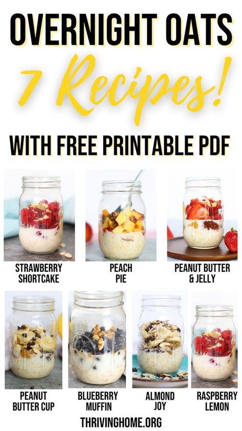 7 Overnight Oats Recipes with Free Printable PDF - Learn how to save time and money and eat healthier by prepping these Overnight Oats recipes ahead of time for the week. Use our 7 different delicious combinations to start filling your fridge today. Delicious Overnight Oats, Overnight Oats Recipes, Thriving Home, Oat Recipes Healthy, Easy To Make Breakfast, Quick Breakfast Recipes, Oats Recipe, Eat Healthier, Easy Brunch