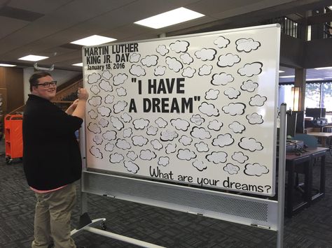 Created by Ashley Winter-Gutierrez, Thomas Kozik & Aimee Lauritsen, this display done for the month of January 2016 highlights new Martin Luther King Junior Day. Martin Luther King Door Decorations, Mlk Library Displays, Free Martin Luther King Jr Printables, Martin Luther King Jr Silhouette, Break Room Decor, Martin Luther King Jr Wall Art, Martin Luther King I Have A Dream, Library Media Center, Martin Luther King Day