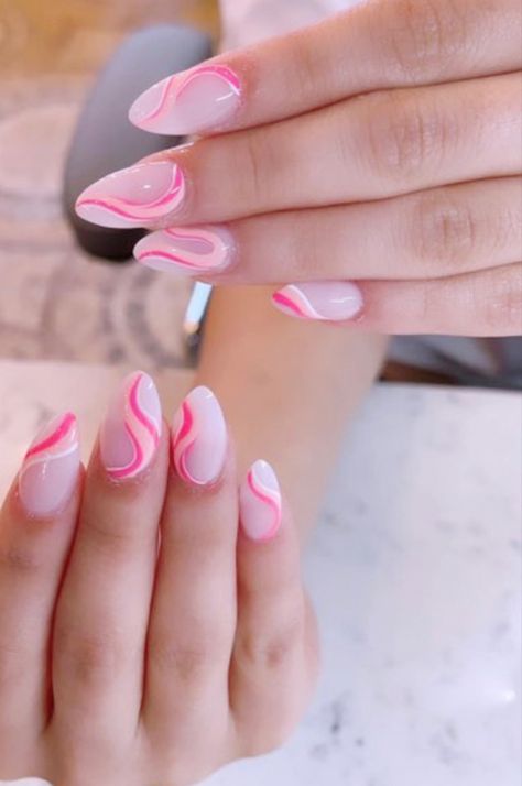 Squiggle Nails French Tip, Pink Swirly Nails, Squiggly Nails, Simple Gel Nail Designs, Pink Swirl Nails, Pink Tip Nails, Bright Pink Nails, Pink French Nails, Swirl Nails