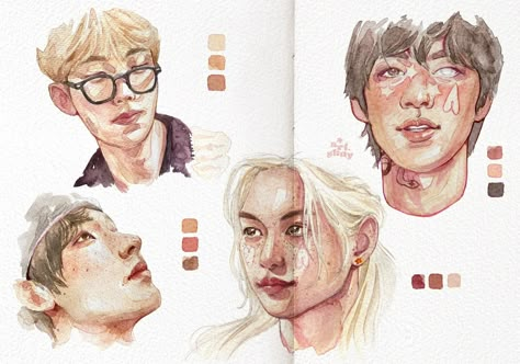 Gouache And Colored Pencil, Watercolor Face Tutorial, Kpop Sketchbook, Art Core, Potrait Painting, Gouache And Watercolor, Watercolor Face, Watercolor Gouache, Dpr Ian