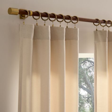 Hand-embroider or machine-embroider designs onto the curtains for a custom, artisanal feel. Brass Curtain Rod White Curtains Living Room, Curtain Rods Bedroom, Bedroom Curtain Rods, Pelmet Curtains, Gold Curtain Rod, Insulate Windows, Curtain Rod Ideas, West Elm Curtains, Victorian Home Design