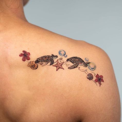 22 Snappy Sea Turtle Tattoos Guaranteed To Make A Splash 16 Two Turtle Tattoo, Sea Turtle Tattoos, Bubble Tattoo, Tattoo Cover Ups, Beach Tattoos, Starfish Tattoo, Turtle Tattoos, Running Tattoo, Sea Turtle Tattoo