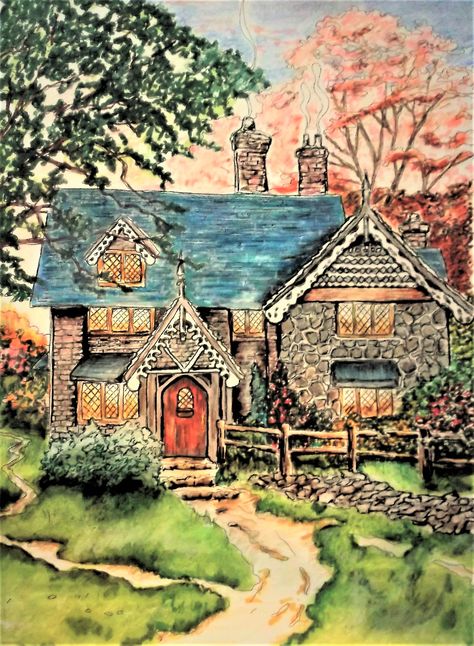 Colorist Jackie Zoost From Posh Coloring Book " Peaceful Moments " with the paintings by Thomas Kinkade. Done with Prismacolor pencils and Bic Fine liners. Irish Images, Thomas Kincaid, Wedding Coloring Pages, Colouring Inspiration, Vintage Coloring Books, Peaceful Moments, Storybook Cottage, Art Exhibits, Cute Cottage