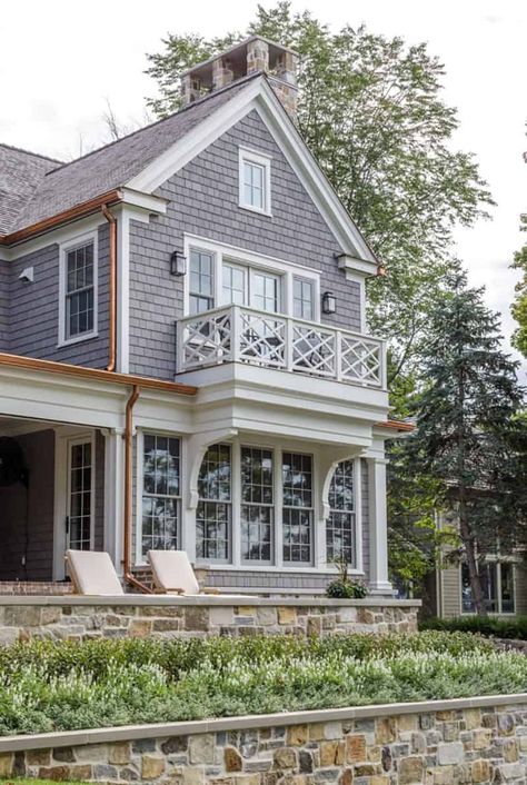 Shingle colonial style lake house with breathtaking details in Minnesota Colonial Shingle Exterior, Cedar Shake Colonial House, Small Shingle Style Homes, Blue Shingle House, Shingle Style Cottage, English Balcony, Lake Homes Exterior, Gables On House Exterior, Shingle House Exterior