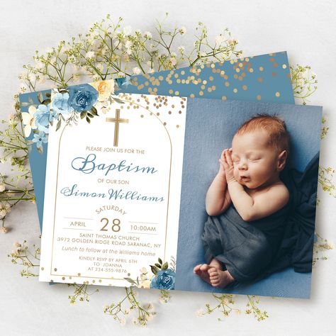 Arch Dusky Blue Floral Gold Glitter Baptism Photo Invitation Arch Invitation, Baby Boy Invitations, Baptism Photos, Baby Boy Baptism, Diy Glass Bottle Crafts, Dusky Blue, Communion Invitations, Baptism Invitation, Christening Cake