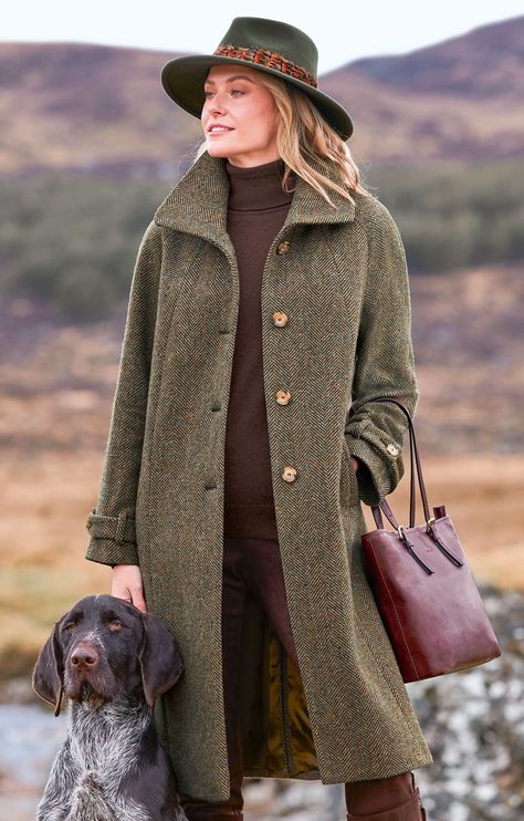 Ladies Full Length Raglan Coat - House of Bruar Raglan Coat, Herringbone Tweed, 1930s Fashion, Tweed Coat, Crew Clothing, Car Coat, Green Coat, Bride Wear, A Style