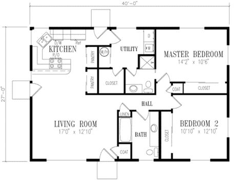 Plan #1-158 - Houseplans.com Open Concept House Plans, Square House Plans, Open Floor House Plans, Cottage Floor Plans, Two Bedroom House, 2 Bedroom House Plans, Cabin Floor, House Plans 3 Bedroom, Monster House Plans