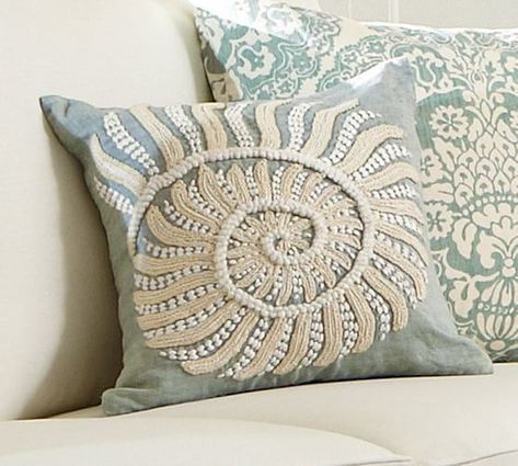 Blue Nautilus Embroidered Pillow Cover Pottery Barn Pillows, Dream Beach Houses, Embroidered Pillow Covers, Beachy Decor, Diy Pillows, Pillows And Throws, Embroidered Pillow, Decorative Throws, Coastal Style