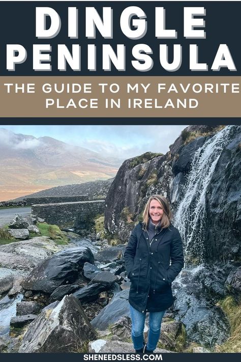 woman at waterfall at conor pass in Ireland with text overlay that reads: dingle peninsula the guide to my favorite place in ireland Dingle Ireland Photography, Dingle Way Ireland Hiking, Ireland Travel Itinerary, South Ireland, Ireland In August, Ireland Dingle, Europe Travel Itinerary, Best European Cities To Visit, European Beaches