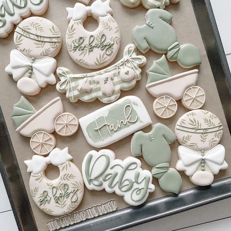 Sage Green Cookies, Baby Shower Cookies Decorated, Gender Neutral Baby Shower Cookies, Baby Cookies Decorated, Baby Shower Sugar Cookies, Sage Green Baby Shower Cookies, Greenery Baby Shower Cookies, Gender Reveal Cookies Neutral, Buttercream Baby Shower Cookies