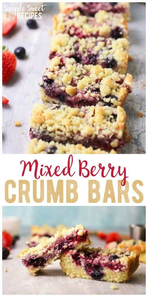 Mixed Berry Crumb Bars -- a delicious and easy to make dessert, breakfast, treat, after school snack -- you name it! This versatile recipe can use your favorite fruit or berries and takes just minutes. #recipe #dessert #crumbbars #berries #blueberry #strawberry #breakfastbars Mixed Berry Crumble, Mixed Berry Dessert, Berry Crumble Bars, Berry Dessert Recipes, Crumb Bars, Fruit Crumble, Berry Crumble, Raspberry Recipes, Berry Dessert