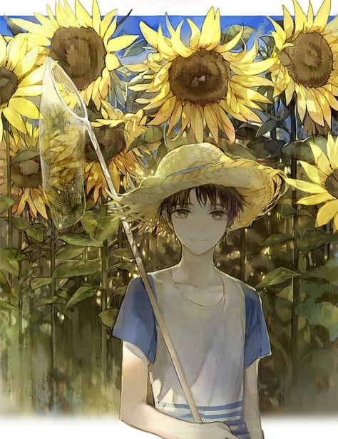 Field Of Sunflowers, Anime Flower, Anime Summer, Anime Couples Drawings, Art Anime, Boy Art, Anime Artwork, Anime Scenery