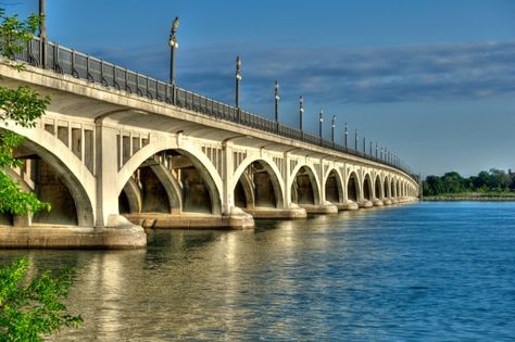 Douglas MacArthur Bridge to Belle Isle, Detroit, MI Belle Isle Detroit, Mackinaw Bridge, Royal Oak Michigan, Lake Lighthouse, Douglas Macarthur, Detroit History, Michigan Art, Saint Lawrence, Downtown Detroit