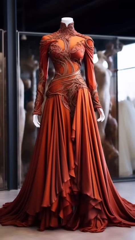 Orange Ball Dresses, Fantasy Dress Aesthetic, Grunge Beauty, Dress Armor, Orange Formal Dresses, Autumn Court, Strange Dream, Book Outfits, Elf Dress