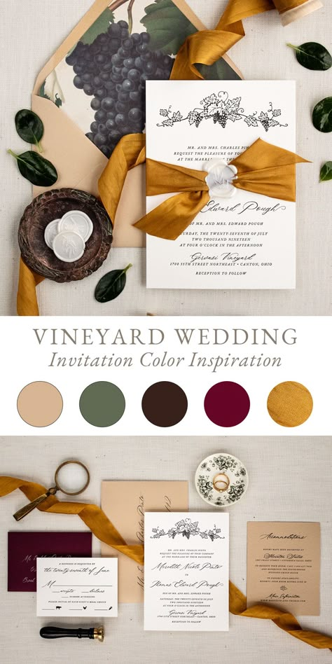 Vineyard wedding or winery wedding invitation color inspiration – Lovely burgundy, green, black, gold silk ribbon and natural tan – elegant color combination! Summer Winery Wedding Colors, October Winery Wedding, Winery Wedding Fall, Vineyard Color Palette, Winery Wedding Colors, Wedding Ideas Winery Vineyard, Winery Wedding Color Palette, Vineyard Wedding Colors, Italian Vineyard Wedding