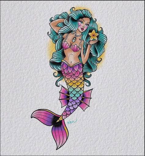 50 Beautiful and Cute Mermaid Tattoos Designs and Ideas Cute Mermaid Tattoo, Girly Mermaid Tattoos, Mermaid Traditional Tattoo, Mermaid Tattoo Flash, Traditional Style Mermaid Tattoo, Colorful Mermaid Tattoo, Neo Trad Mermaid Tattoo, Color Mermaid Tattoo, Neo Traditional Mermaid Tattoo